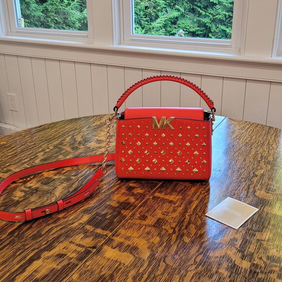 Like New Michael Kors Women’s Gold Studded Crossbody Bag. Red. Gold Chain. NWOT - Picture 1 of 15